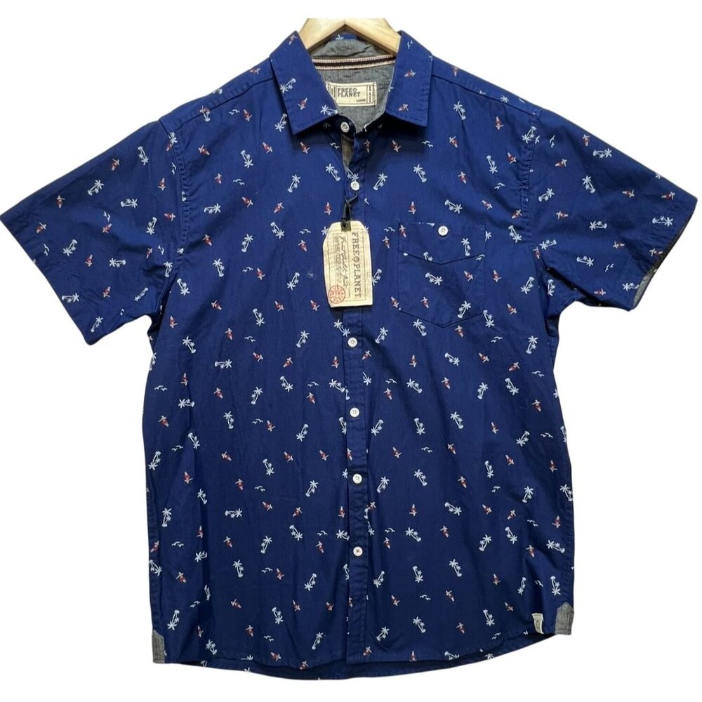 Free Planet Men's Button Up Shirt Short Sleeve Summer Size L Navy Aloha Print